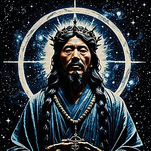 Man with Braided Hair and Crown of Thorns in Cosmic Background