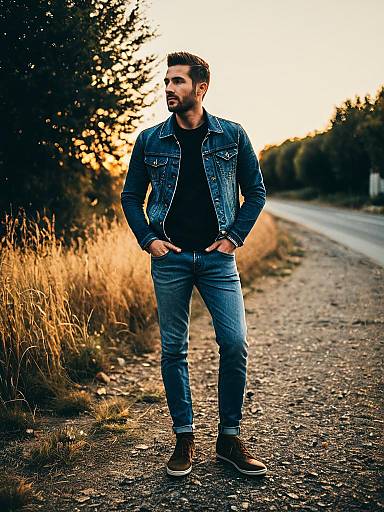 Man in Stylish Denim Jeans Outfit Outdoor Portrait at Golden Hour