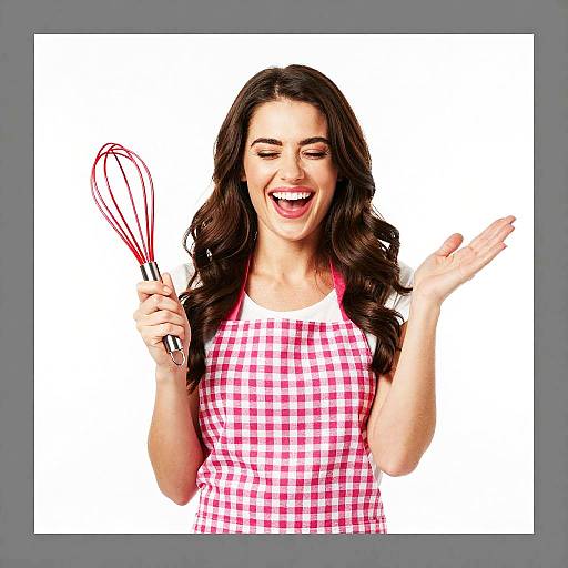 Happy Woman with Whisk in Pink Checkered Apron Cooking