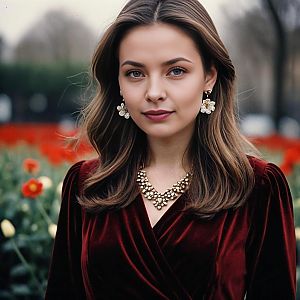 Elegant Young Woman in Red Velvet Dress with Gold Jewelry in Garden