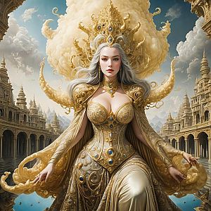 Regal Woman in Golden Gown Amidst Ancient Cityscape