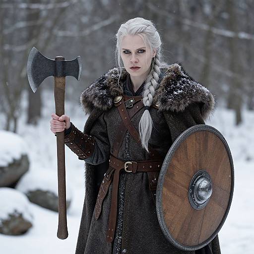 Viking Warrior Woman in Winter Forest Holding Axe and Shield