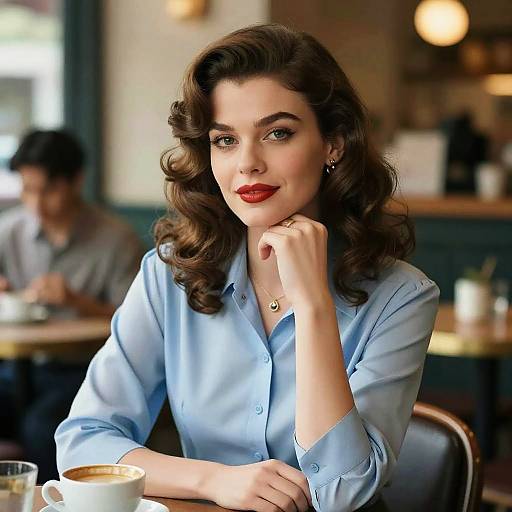 Young Woman with Retro Waves and Red Lipstick in Cafe Setting