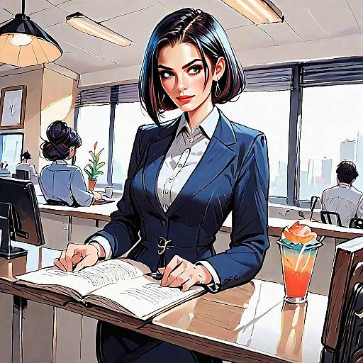Stylish Woman Reading Book in Modern Office Digital Illustration