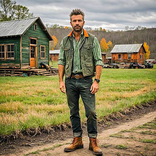 Rugged Man in Country Outfit Standing in Rural Countryside with Wooden Cabins