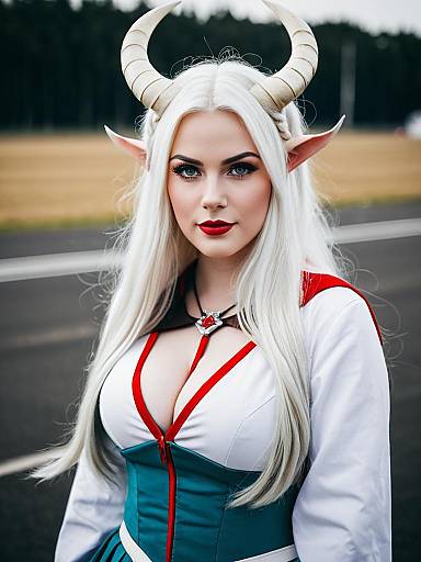 Fantasy Airfield Princess with Horns and Elf Ears in Detailed Costume