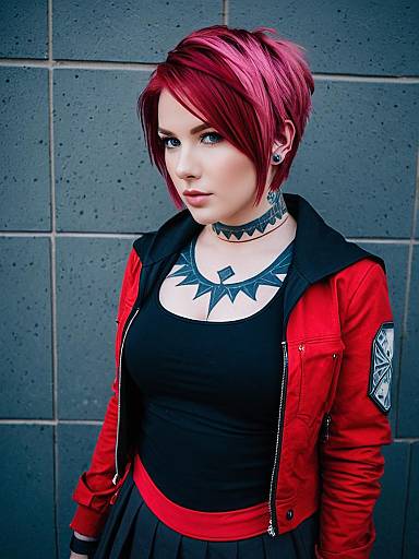 Edgy Woman with Magenta Hair and Geometric Tattoos in Red Jacket