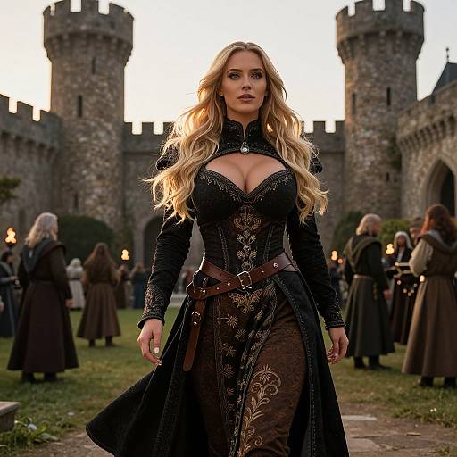 Medieval Fantasy Woman in Ornate Black and Gold Dress at Castle Courtyard