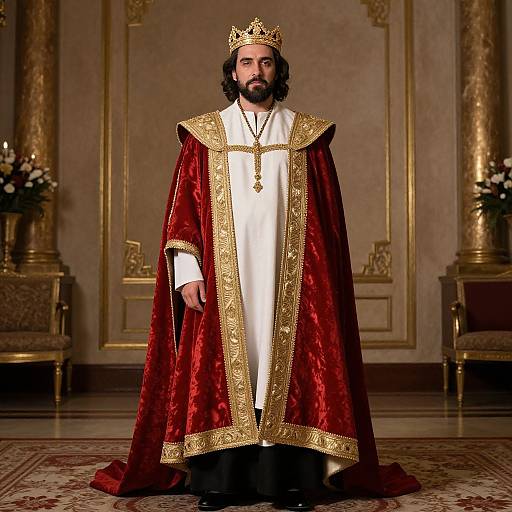Man Wearing Regal Red Velvet Royal Cloak and Gold Crown in Grand Room
