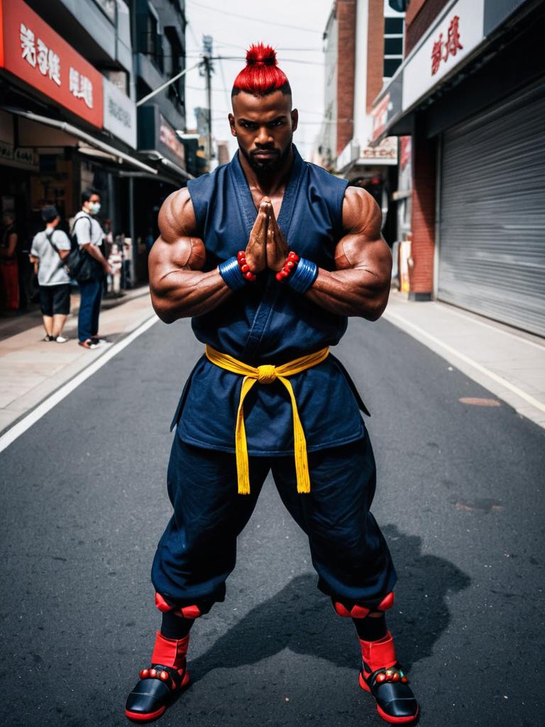 Realistic Akuma Street Fighter Cosplay with Muscular Man in Martial Arts Pose