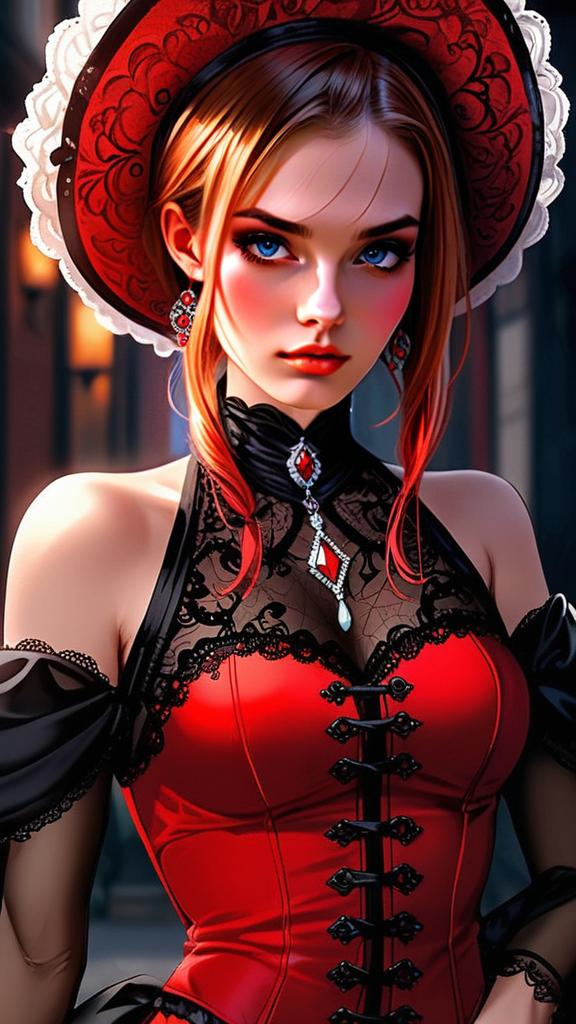 Victorian-inspired Portrait of Woman in Red and Black Corset