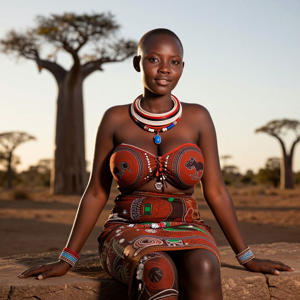 African Woman in Traditional Clothing with Baobab Trees Background