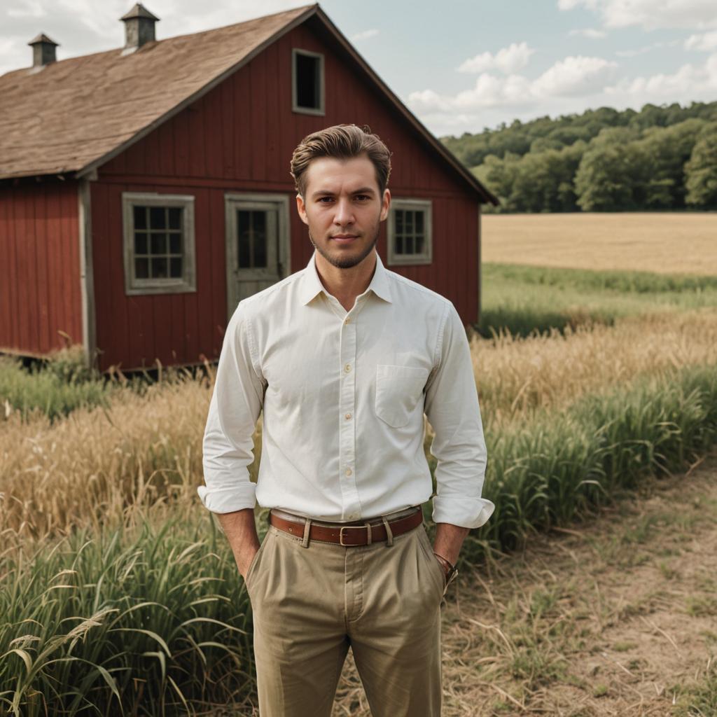 Man in Smart Casual Outfit in Front of Rustic Barn