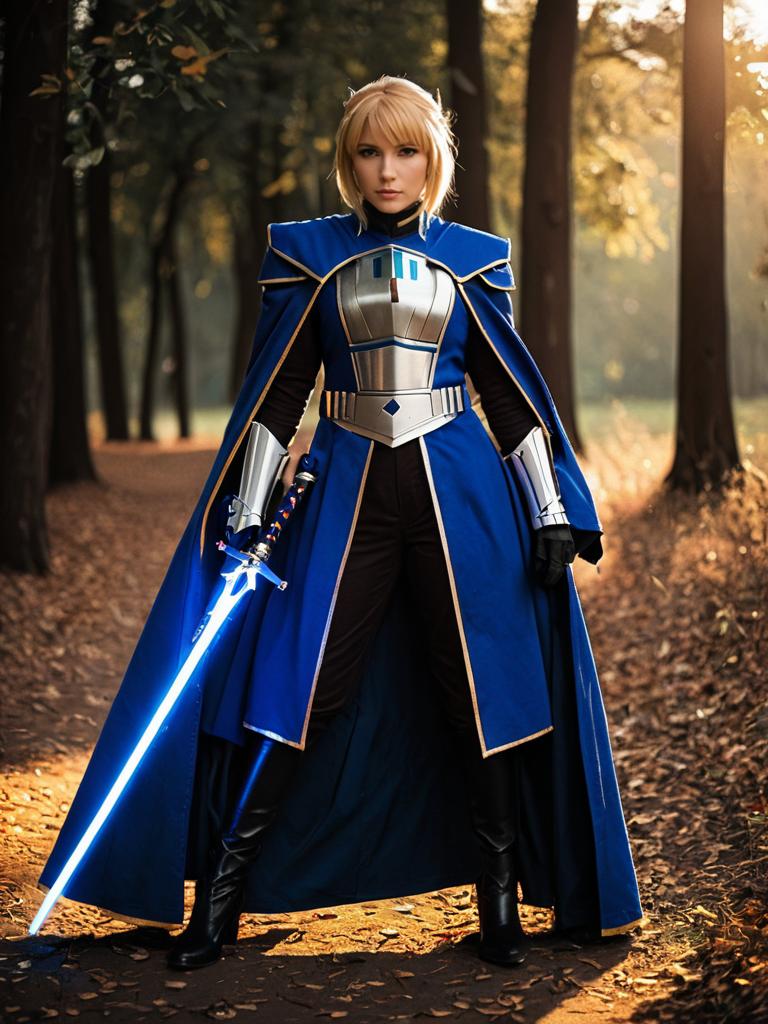 Woman Cosplaying Saber in Blue Armor with Glowing Sword in Forest