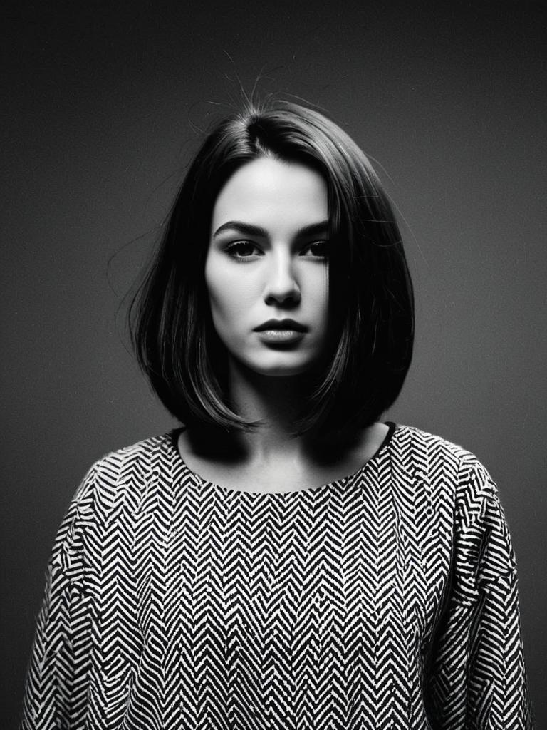 Woman with Long Bob Hairstyle in Black and White Studio Portrait