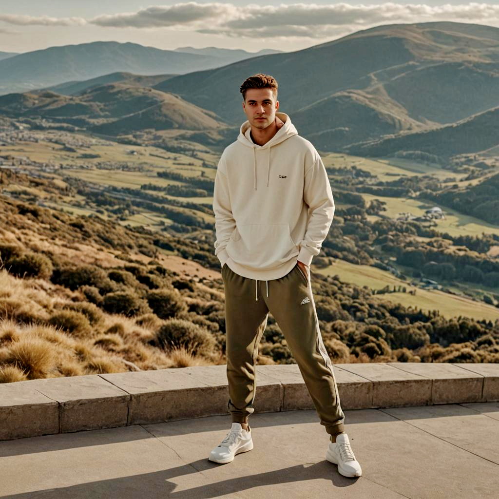 Man in Stylish Hoodie Against Scenic Landscape