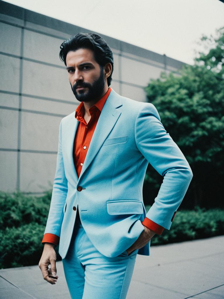 Man in Light Blue Suit with Matching Pants and Orange Shirt Editorial Portrait