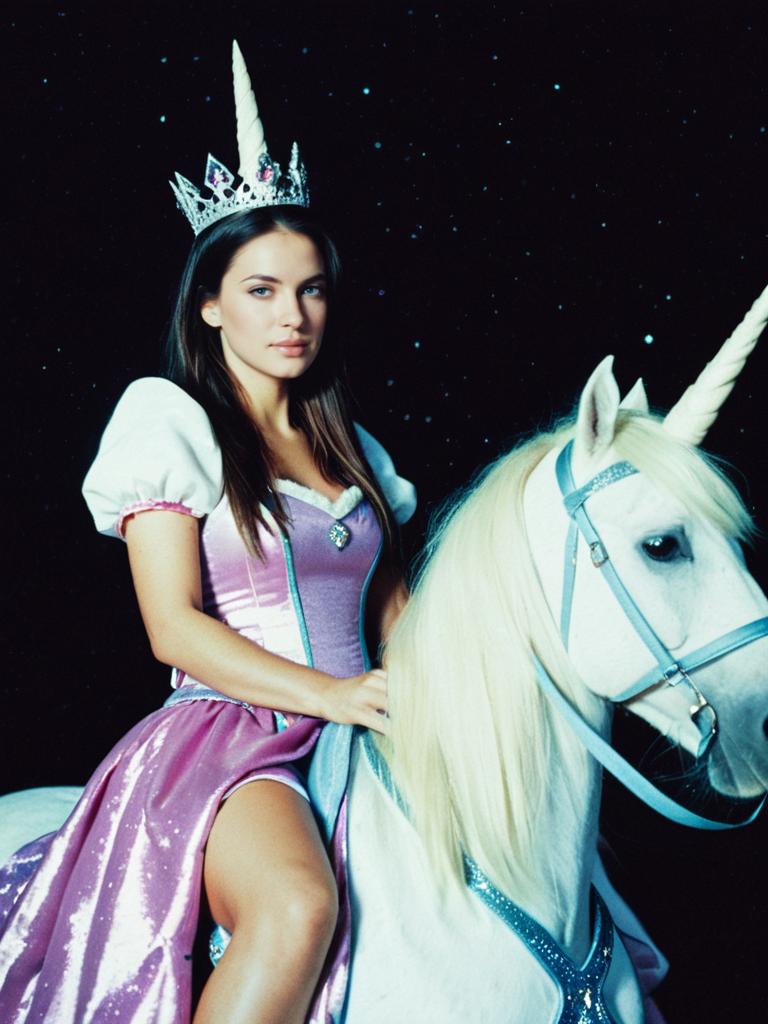 Woman in Princess Dress Riding White Unicorn Costume Against Starry Background