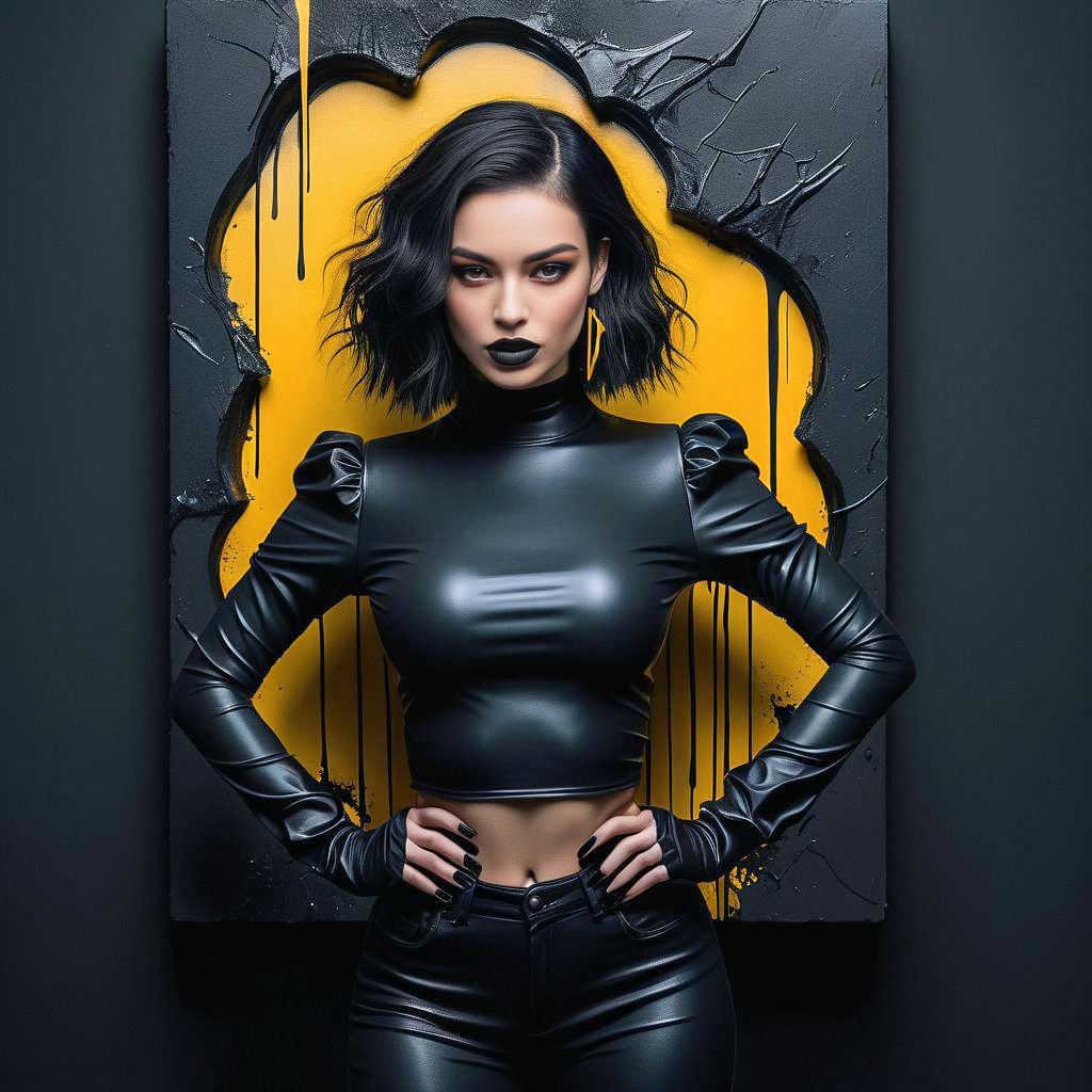 Confident Woman in Black Outfit with Yellow Splash