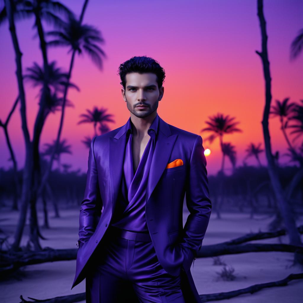 Stylish Man in Purple Suit Against Sunset