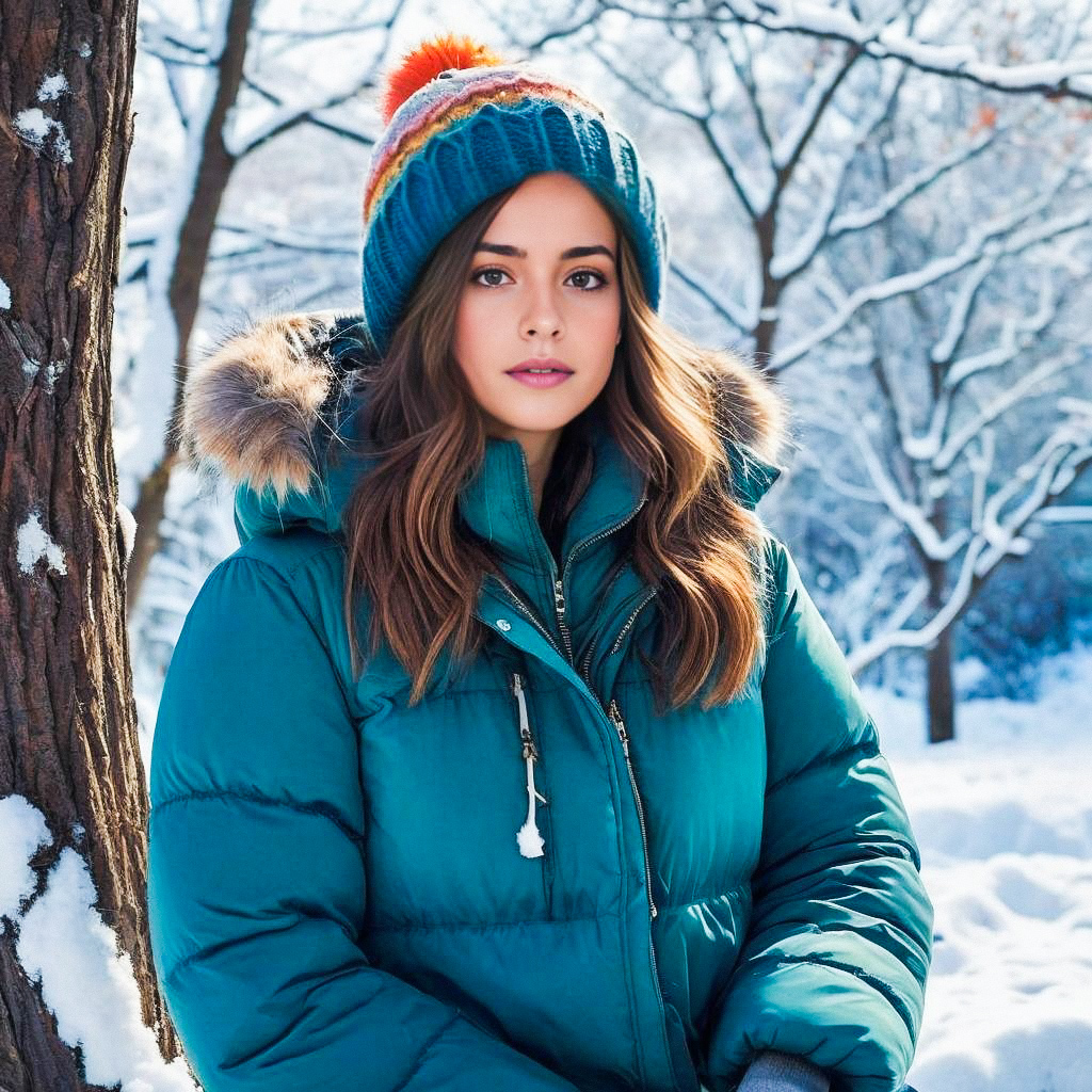 Young Woman in Teal Puffer Jacket in Snowy Landscape Young Woman in Teal Puffer Jacket in Snowy Landscape