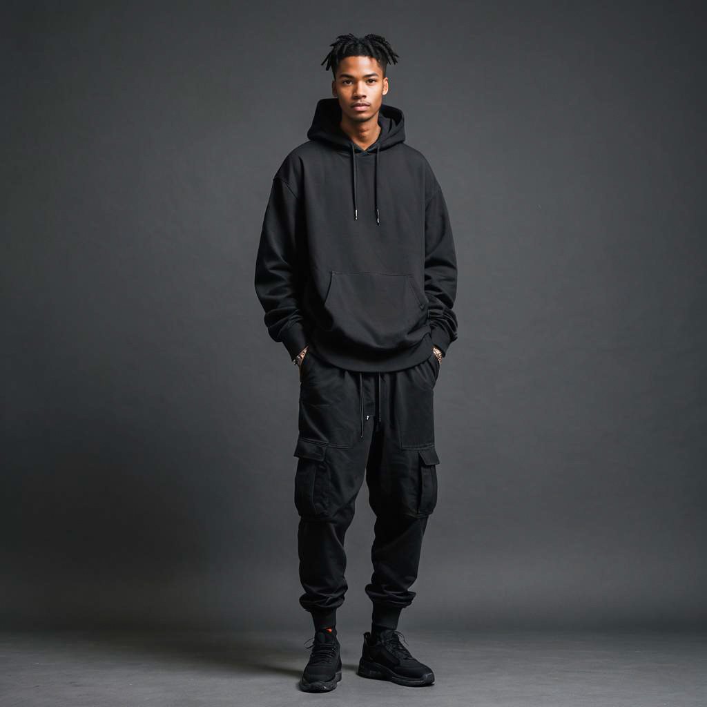 Young Man in Stylish All-Black Streetwear