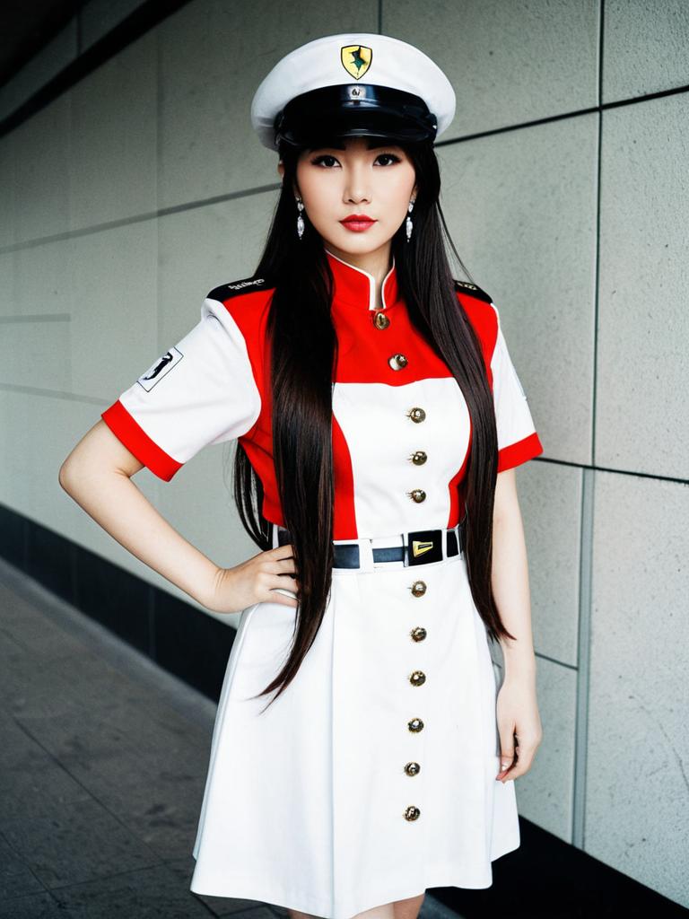 Woman in Red and White Military-Inspired Uniform with Cap