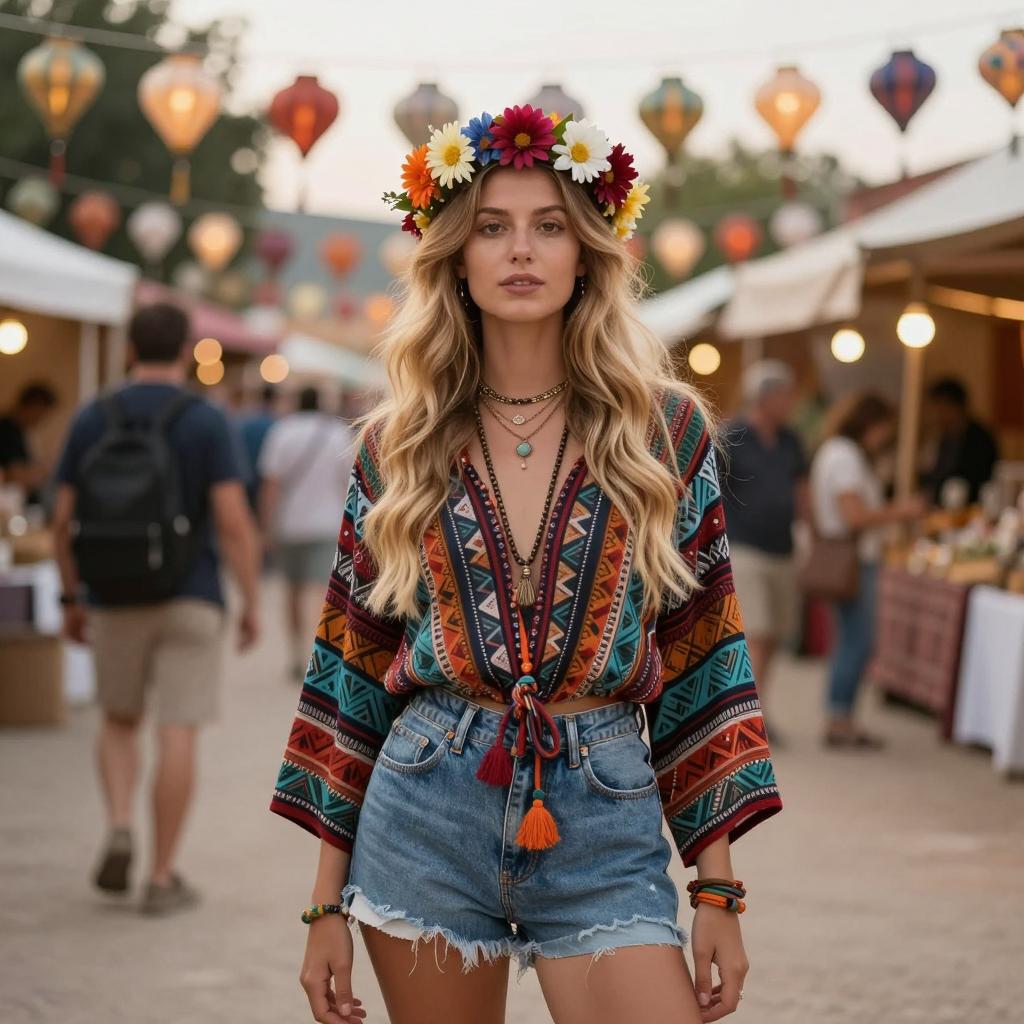 Bohemian Woman in Floral Crown and Denim Shorts at Outdoor Market