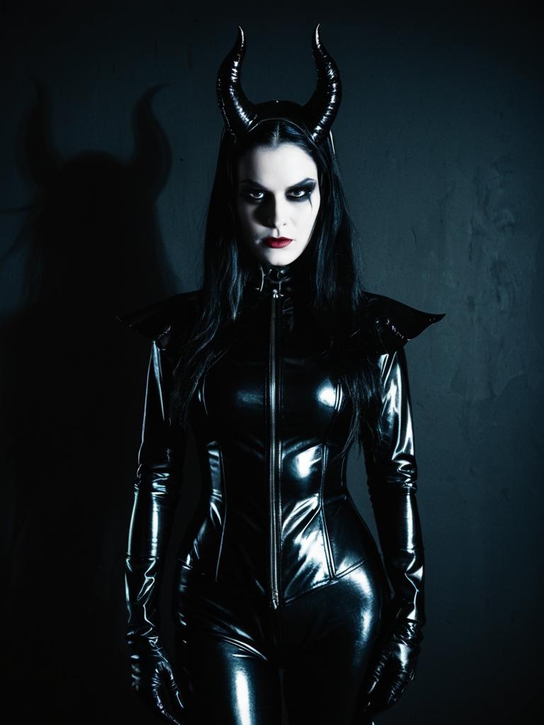 Woman in Gothic Latex Devil Costume with Black Horns Studio Portrait