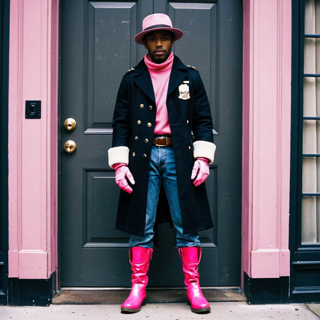 Stylish Man in Pink Ensemble Against Dark Door