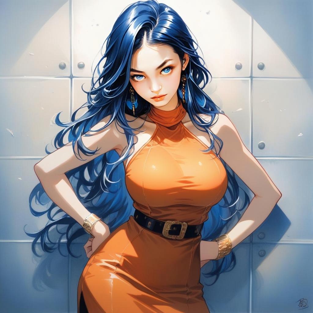Confident Woman with Blue Hair in Orange Dress
