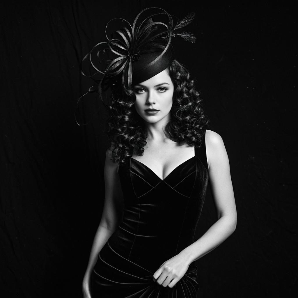 Vintage Glamour Portrait of Woman in Velvet Dress and Fascinator Hat Black and White