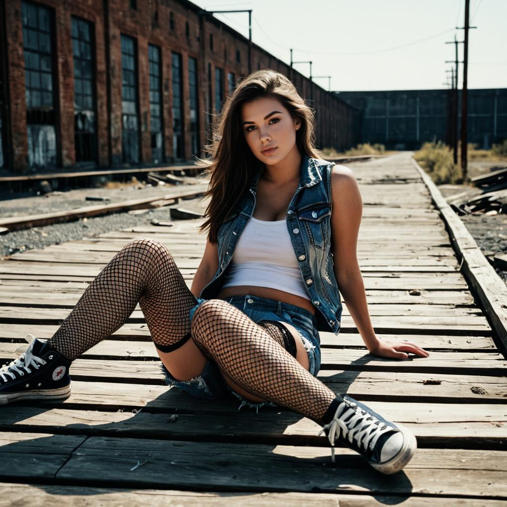 Young Woman in Denim and Fishnet Stockings Sitting on Railway Tracks Urban Style