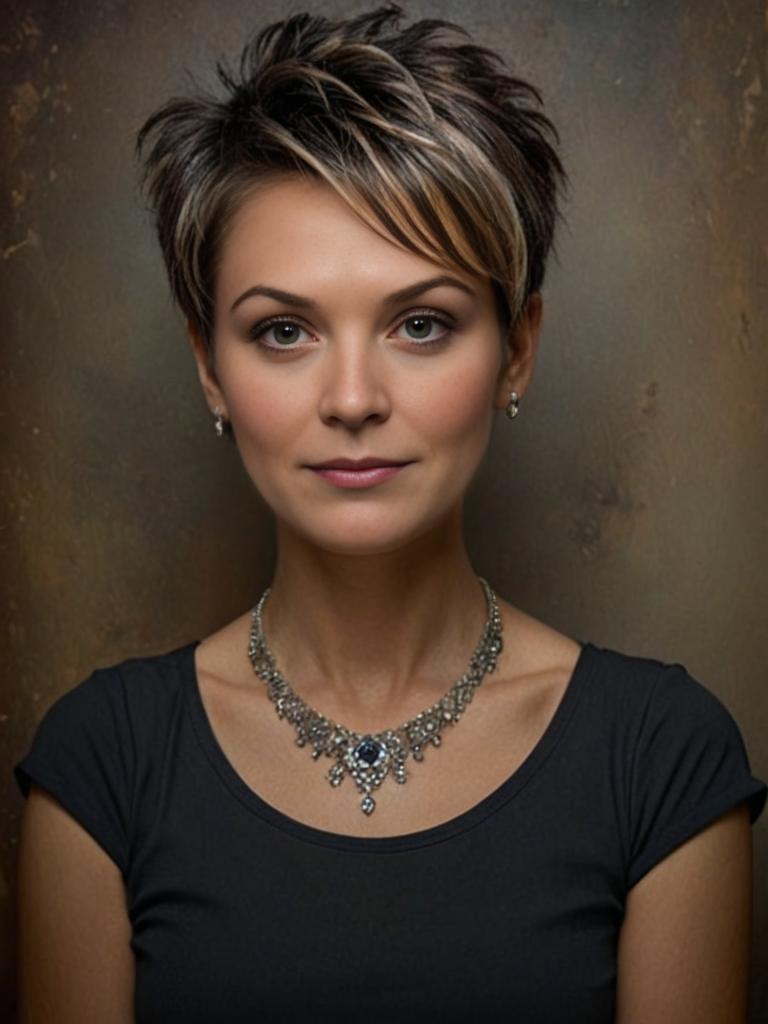 Stylish person with pixie haircut and elegant necklace