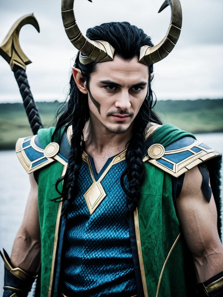 Loki Ragnarok Cosplay Man in Detailed Green and Gold Armor with Horns