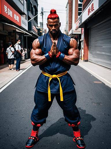 Realistic Akuma Street Fighter Cosplay with Muscular Man in Martial Arts Pose