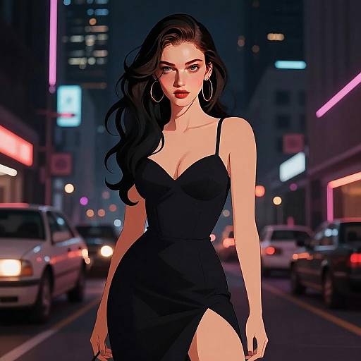 Stylish Woman in Black Dress on Neon City Street at Night