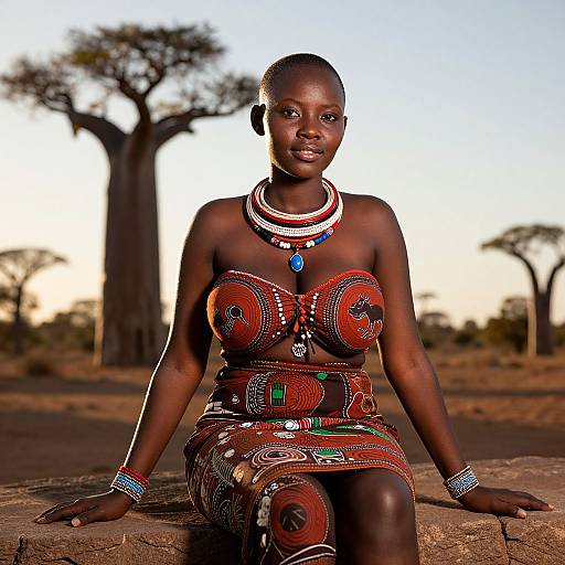 African Woman in Traditional Clothing with Baobab Trees Background
