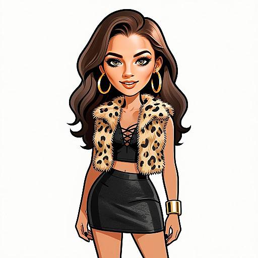 Stylish Woman with Leopard Print Vest and Edgy Fashion Cartoon Illustration