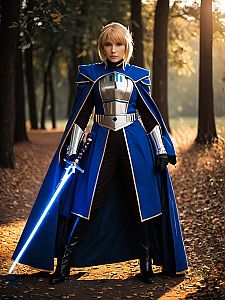Woman Cosplaying Saber in Blue Armor with Glowing Sword in Forest