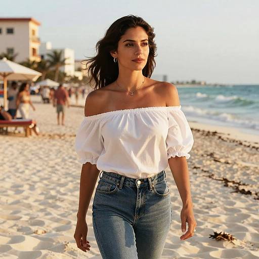 Woman in Off-Shoulder White Blouse and Jeans Walking on Sunny Beach