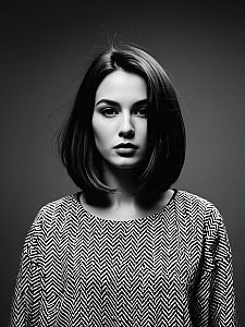 Woman with Long Bob Hairstyle in Black and White Studio Portrait