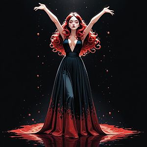Woman in Black and Red Gown on Liquid Surface