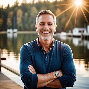 Middle-aged man smiling on dock by serene lake