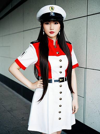 Woman in Red and White Military-Inspired Uniform with Cap