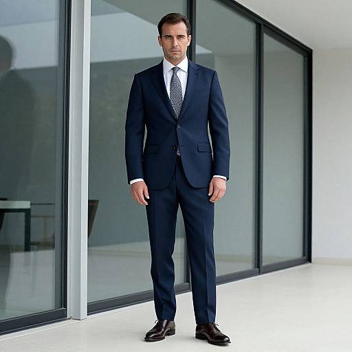 Man in Navy Blue Suit Standing in Modern Minimalist Space