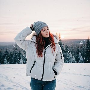 Young Woman in Snowy Landscape at Sunset