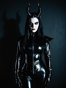 Woman in Gothic Latex Devil Costume with Black Horns Studio Portrait