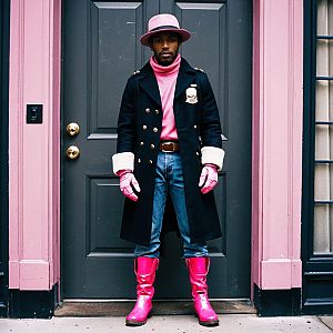 Stylish Man in Pink Ensemble Against Dark Door