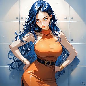 Confident Woman with Blue Hair in Orange Dress